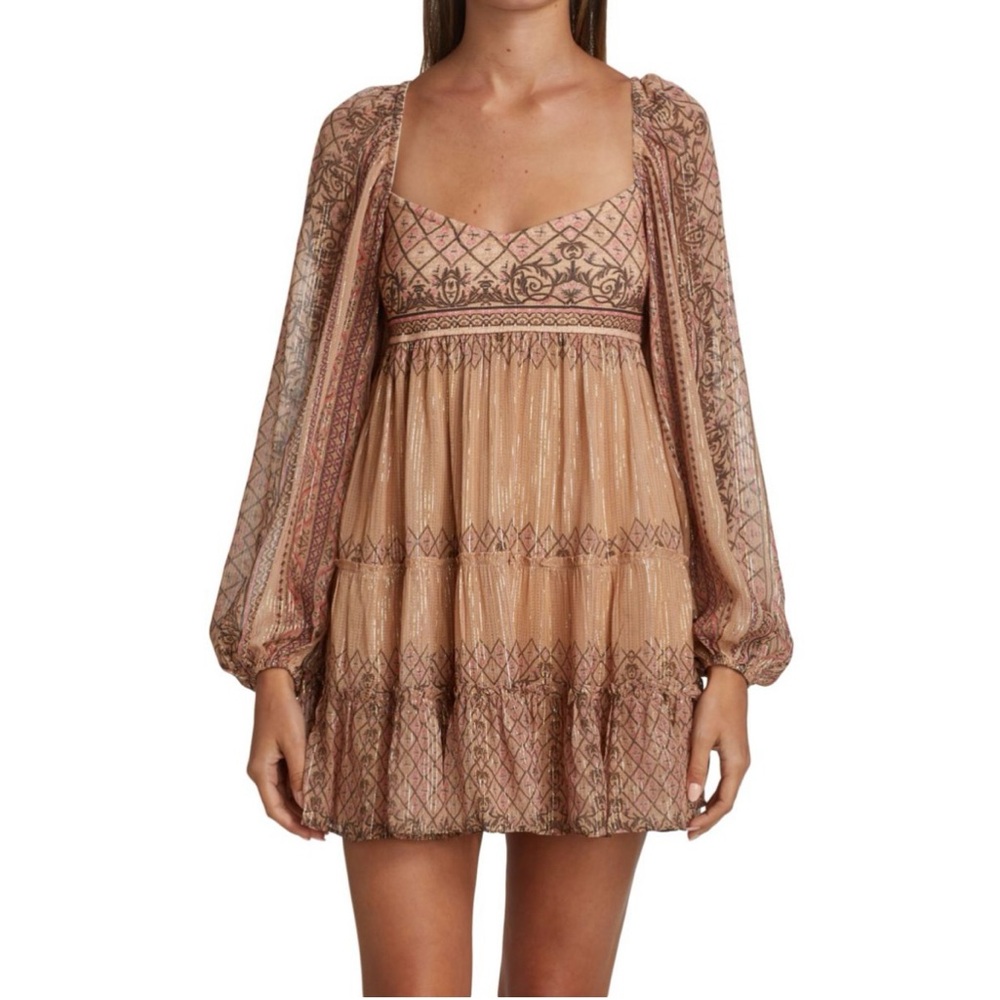 HEMANT & NANDITA Noor Tiered Mini Dress Boho Print Balloon Sleeve, Size S